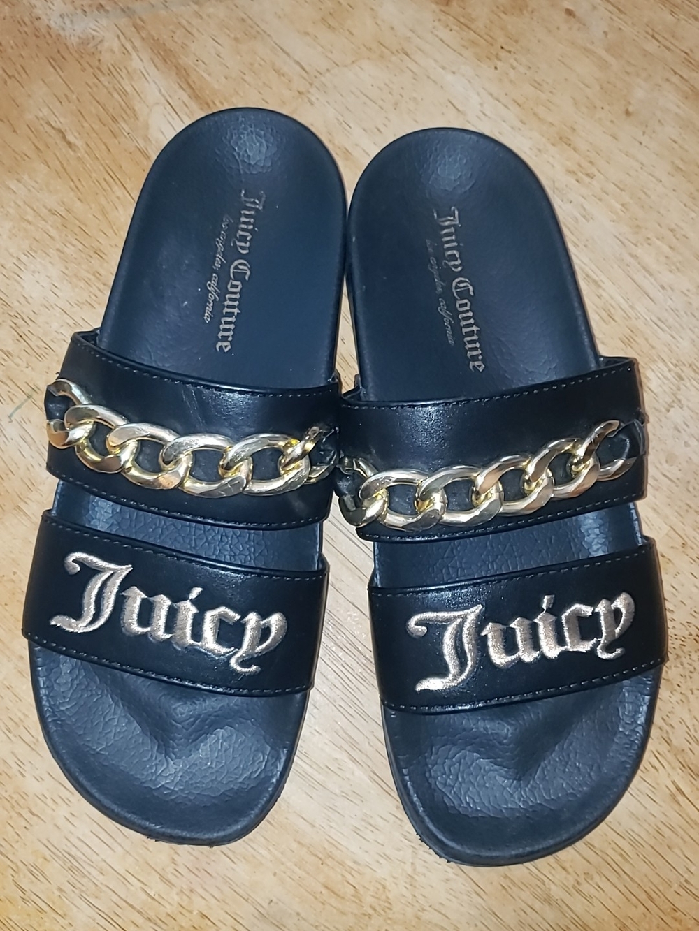 Juicy Couture Black Slides with Gold Chain & Embroidered Logo